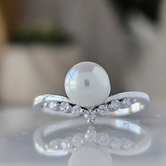 Dainty Pearl Wishbone Ring, 925 Sterling Silver Charmed Aroma - Picture 2 of 8